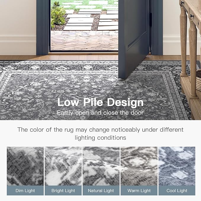Lofus 9x12 Area Rugs for Living Room, Machine Washable Non-Slip Area Rug, Low Pile Large Rugs for Bedroom, Kitchen, Dining Room, Home Office, Vintage Oriental Print Rug, Light Grey with White