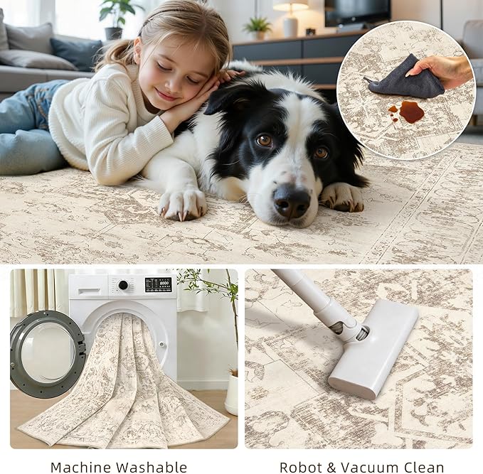 5x7 Area Rugs for Living Room: Vintage Boho Neutral Washable Rug Indoor Soft Large Area Rug Carpet for Bedroom Nursery Farmhouse Dining Room Office Floor Non-Slip Low Pile Under Table Rug Beige/Ivory