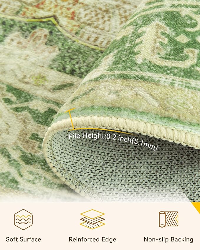 Area Rugs 7ft Washable Non-Slip, Floral Vintage Distress Print Pattern Medallion Carpet for Living Room Bedroom Dining Room, Sage Green Yellow