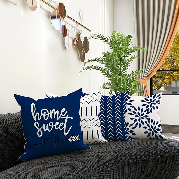 YCOLL Pillow Covers 18x18 Set of 4, Modern Sofa Throw Pillow Cover, Decorative Outdoor Linen Fabric Pillow Case for Chair Sofa Couch Bed Car, Dark Blue