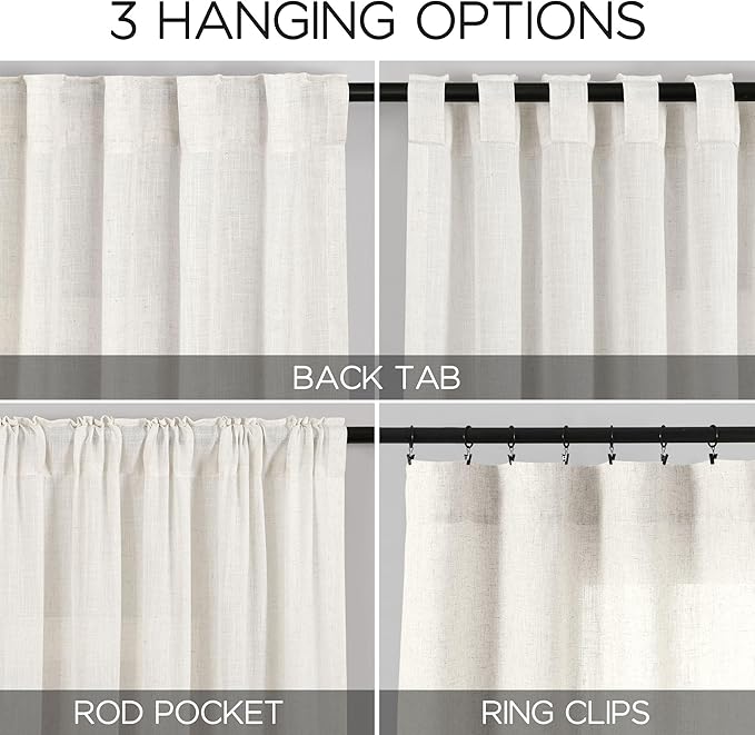 Nanspring Beige White Linen Curtains 84 Inch Length 2 Panels Set for Living Room Rod Pocket Back Tab Light Filtering Window Drapes for Bedroom Dining Room Protect Privacy Home Decor