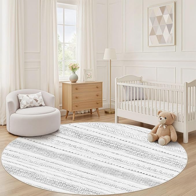 Nakagishi Round Rug Boho Area Rugs: 5x5 Washable Large Circle Neutral Soft Stain Resistant Non-Slip Carpet for Women Aged 25-45 Farmhouse Decor Enthusiasts - Living Room Bedroom Dining Room Nursery