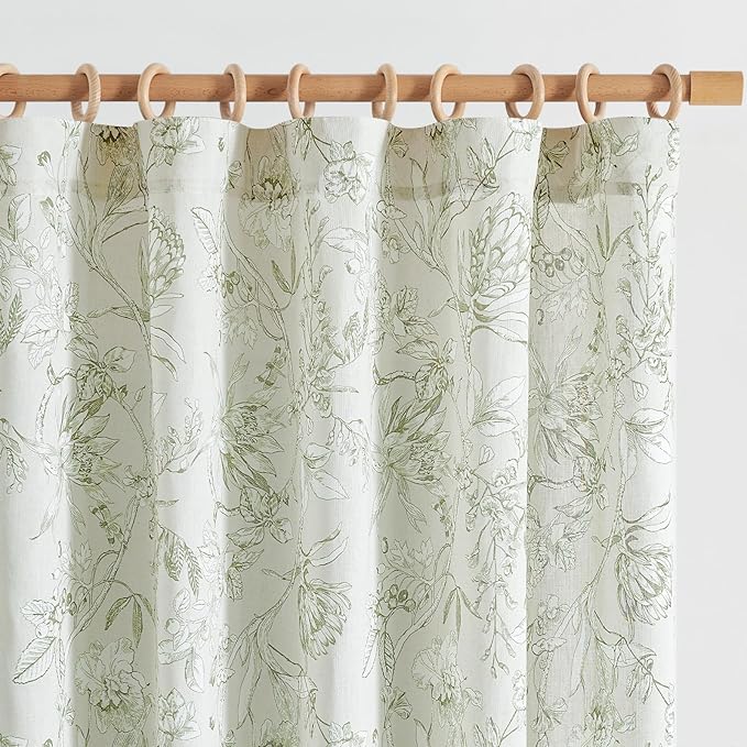 jinchan Floral Curtains 63 Inch Length Sage Green Flower Linen Farmhouse Curtain for Living Room French Country Vintage Curtain Rod Pocket Curtains Set 2 Panels Floral Printed