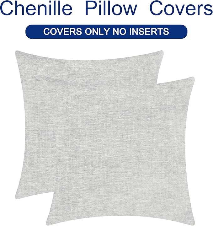 CaliTime Throw Pillow Covers Decorative 22 X 22 Inches Pack of 2 Cozy Chenille Cushion Cases for Couch Sofa Bed Living Room Home Moonbeam Gray