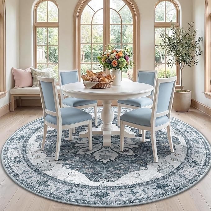 Area Rugs 7ft Washable Non-Slip, Floral Vintage Distress Print Pattern Medallion Carpet for Living Room Bedroom Dining Room, Light Gray Grey White