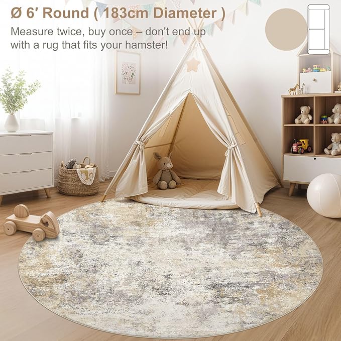 UERMEI 6ft Round Area Rug Living Room Rugs - 6x6 Washable Neutral Modern Abstract Soft Thin Rug Indoor Floor No Slip Rug Carpet for Bedroom Under Dining Table Home Office Decor - Golden Grey