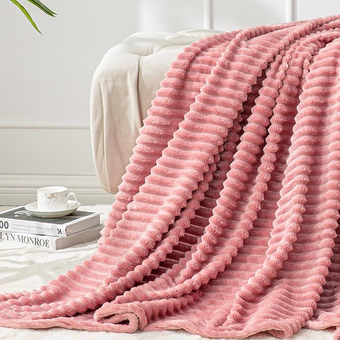 BEDELITE Fleece Blanket King Size – 3D Ribbed Jacquard Soft and Warm Decorative Fuzzy Blankets – Cozy, Fluffy, Plush Lightweight Throw Blankets for Couch, Bed, Sofa(Pink, 108x90 inches)