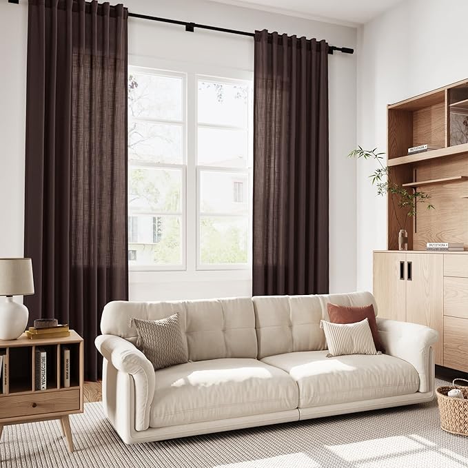 Coffee Brown Linen Curtains for Living Room 100 Inches Long Light Filtering Semi Sheer Curtain Back Tab Luxury Modern Rustic Home Decor Neutral Drapes for Bedroom Dinner Room 52x100, 2 Panels