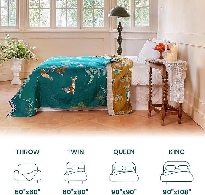 MSGKV The Boho Layer: 60"x80" Cotton Throw Blanket – Full Size for Couch Snuggles, Twin Bed Topper | Lightweight & Breathable Reversible Aviary Botanical Pattern, Decorative Accent