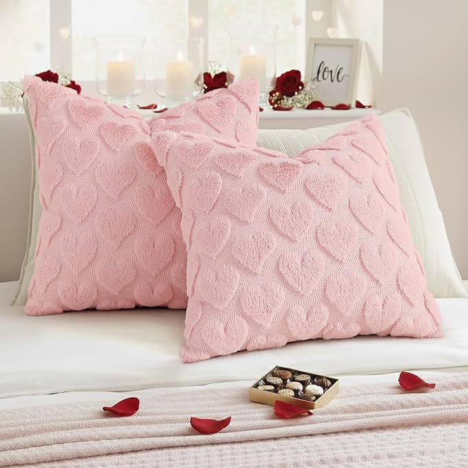 decorUhome Valentine’s Day Soft Plush Throw Pillow Covers 16x16 Inch Set of 2, Faux Fur Pink Heart Decoration Neutral Square Pillow Covers for Couch Sofa Bed Cozy Farmhouse Holiday Decor
