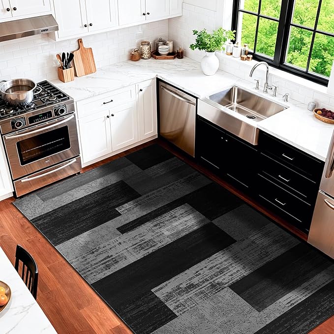 LIANLAM 3x5 Washable Area Rugs for Living Room and Bedroom, Vintage Checkered Pattern Non-Slip Carpet, Stain Resistant Low Pile Soft Rug for Dining Room,Office,Nursery,Kids Room(3x5,Gray)