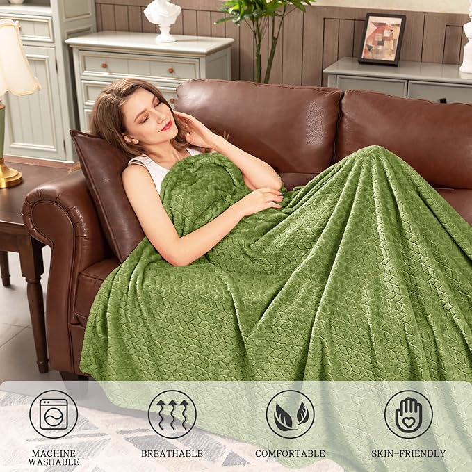 inhand Sage Green Fleece Queen Blanket for Bed, Super Soft Flannel Cozy Blankets for Adults, Lightweight Leaves Pattern Fuzzy Blanket for Office,Warm Plush Blankets for All Season, 90x90 Inches