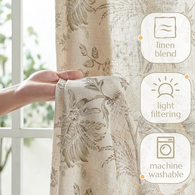 jinchan Linen Floral Curtains for Living Room with Printed Flower 63 Inches Long Light Filtering French Country Back Tab Rod Pocket Taupe Window Curtain Set Farmhouse Drapes 2 Panels Taupe