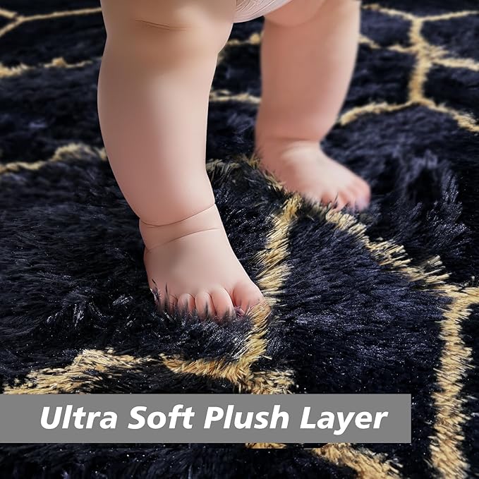 6x9 Fluffy Area Rugs for Living Room,Shag Area Rug for Bedroom,Geometric Soft Fuzzy Rug Non-Shedding Indoor Plush Carpet for Kids Bedroom Nursery Home Decor,Black and Gold