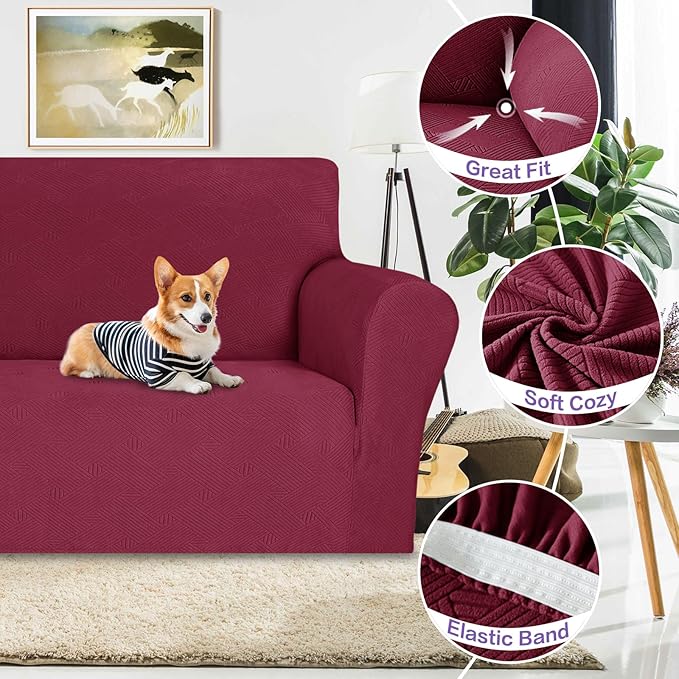 ZNSAYOTX Super Stretch Loveseat Covers (57"-70"), New Striped Love Seat Slipcover, Dogs Pet Friendly Anti-Slip Couch Protector Spandex Durable 2 Seater Fabric Sofa Cover (Wine Red, Loveseat)