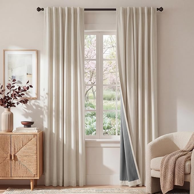 RYB HOME Warm Sand 100% Blackout Curtains for Bedroom, Linen Drapes Back Tab&Rod Pocket, Thermal Insulated Privacy Assurd Curtains for Sliding Glass Doors/Dining/Living Room, W52 x L90, 2 Panels