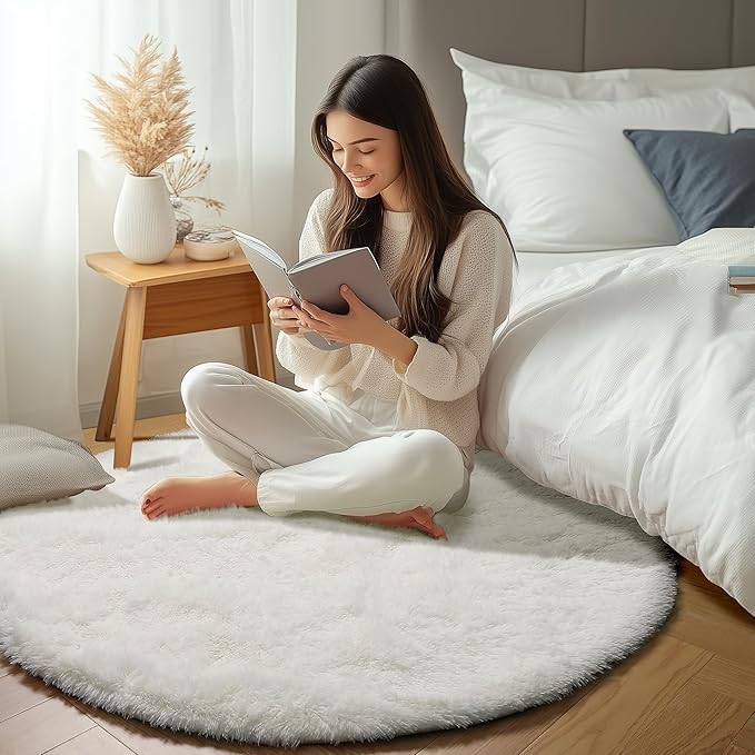ONASAR Cream White Round Area Rug 4ft, Fluffy Ultra Soft Bedroom Circle Rugs Floor Mat for Kids Girls Boys Teen Room, Fuzzy Plush Shaggy Carpet for Nursery Living Room Playroom Dorm Home Decor