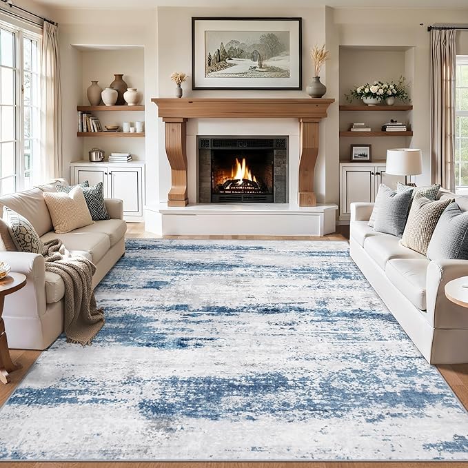 Area Rugs 9x12 Living Room - Washable Rug Modern Abstract Soft Large Neutral Non-Slip Carpet Indoor Floor Thin Carpets for Bedroom Dining Room Farmhouse Nursery Home Office White Blue Grey