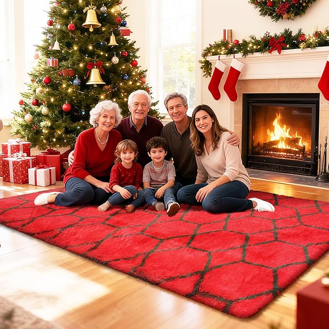 Shag Area Rug for Bedroom 5x8,Fluffy Area Rugs for Living Room,Geometric Soft Fuzzy Rug Non-Shedding Indoor Plush Carpet for Kids Bedroom Nursery Dorm Home Christmas,Red and Green