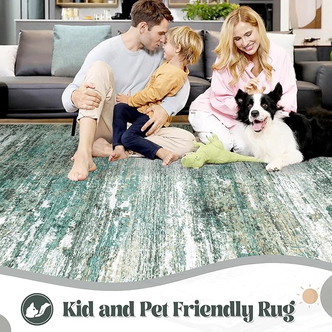 8x10 Area Rugs for Living Room, Washable Modern Abstract Large Area Rug Neutral Soft Non Slip Kids Rug Stain Resistant Indoor Carpet for Bedroom Nursery Dining Room Playroom(Green, 8'x10')