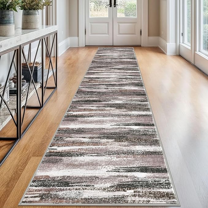 Lansny Modern Abstract Runner Rug 2.6x12, Dark Light Brown White Washable Long Kitchen Runner Non-Slip Soft Hallway Rug Runner Thin Print Faux Wool Carpet for Entryway Bedroom Laundry Room Indoor