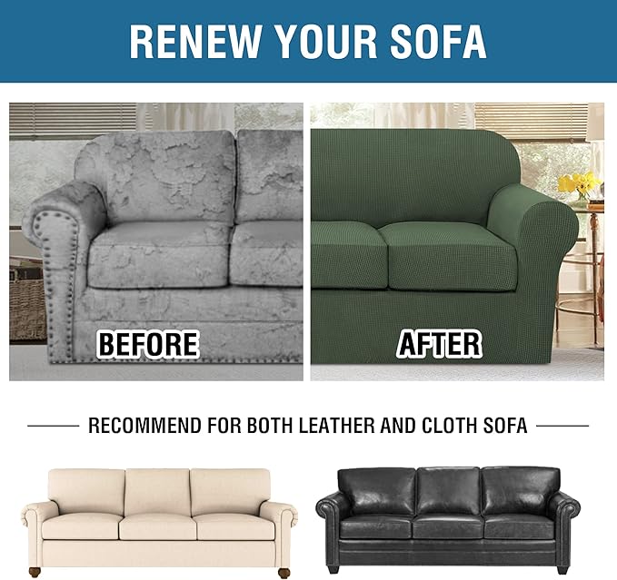 H.VERSAILTEX 4 Piece Stretch Sofa Covers for 3 Cushion Couch Covers for Living Room Furniture Slipcovers (Base Cover Plus 3 Seat Cushion Covers) Upgraded Thicker Jacquard Fabric (Sofa, Bronze Green)