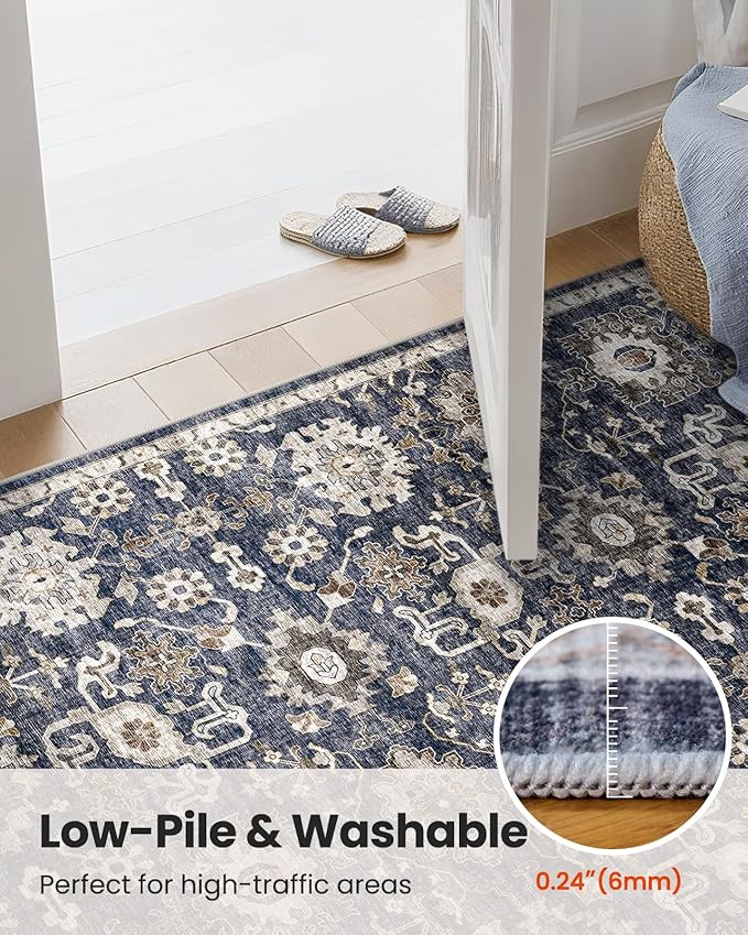 AMADA HOMEFURNISHING 2'6"x10' Washable Area Rug, Low-Profile Entryway Rug with Non-Slip Backing & Durable Edge Binding, Vintage Rug Pattern, Small Rugs for Entryway, Kitchen & Living Room
