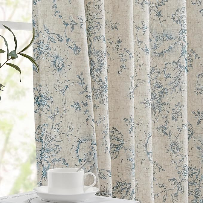 jinchan Linen Blend Curtain Floral Curtains for Living Room 84 Inch Length Blue Printed Curtain Rod Pocket Back Tab Farmhouse Peony Flower Patterned Drapes Bedroom Window Curtains Set 2 Panels