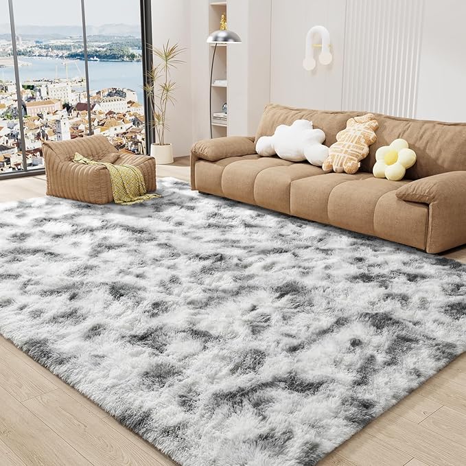 LOCHAS Ultra Soft Indoor Modern Area Rugs 8 x10, Fluffy Living Room Carpets for Children Bedroom Home Decor Nursery Rug, Tie-Dyed Grey & White