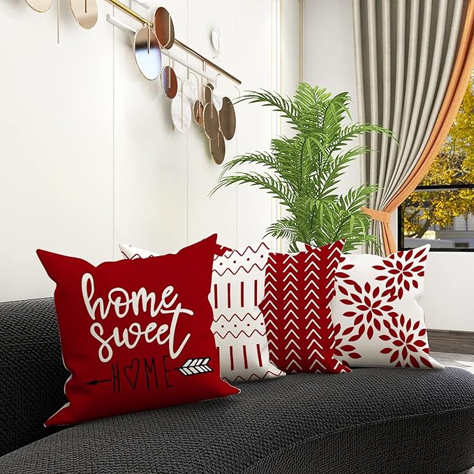 YCOLL Christmas Pillow Covers 16x16 Set of 4, Modern Sofa Throw Pillow Cover for Christmas Decor, Decorative Outdoor Linen Fabric Pillow Case for Couch Bed Car, Red