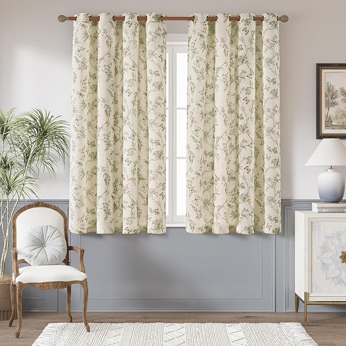 jinchan Floral Linen Curtains for Living Room 63 Inch Length Butterfly Sage Green Floral Curtains French Country Farmhouse Flower Patterned Drapes Window Treatments Set 2 Panels