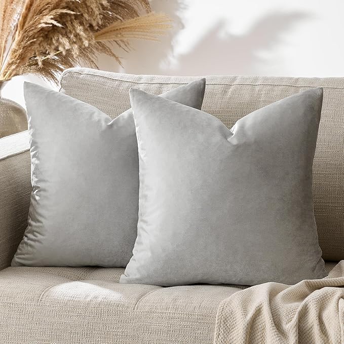 GIGIZAZA Velvet Silver Grey Pillow Covers 20x20 Set of 2 Square Throw Pillow Covers Modern Decorative Pillows for Living Room Couch Luxury Big Pillow Cases