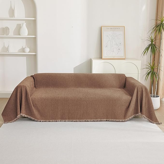 MYSKY HOME Boho Couch Cover Camel Sofa Covers with White Tassel Farmhouse Sofa Slipcover Simple Couch Protector for Dogs Chenille Sectional Couch Covers L Shaped Couch Cushion Covers, 91"x 134"