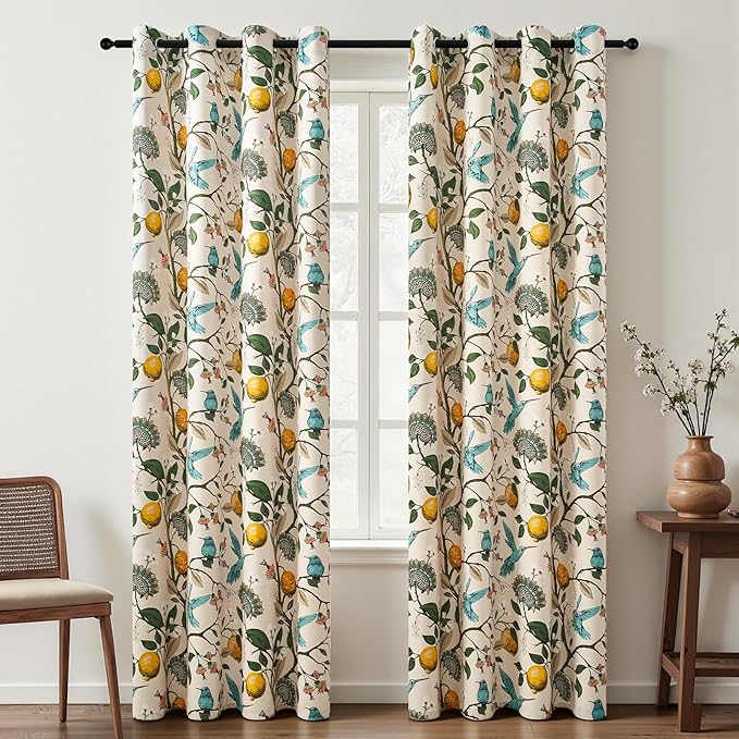 Topfinel 94 Inches Long Custom Window Treatments,Retro Art Deco Euro Flower Hummingbird Patterned Pretty Elegant Light Blocking Grommet Curtains Vintage Floral Curtains for Bedroom Playroom Room