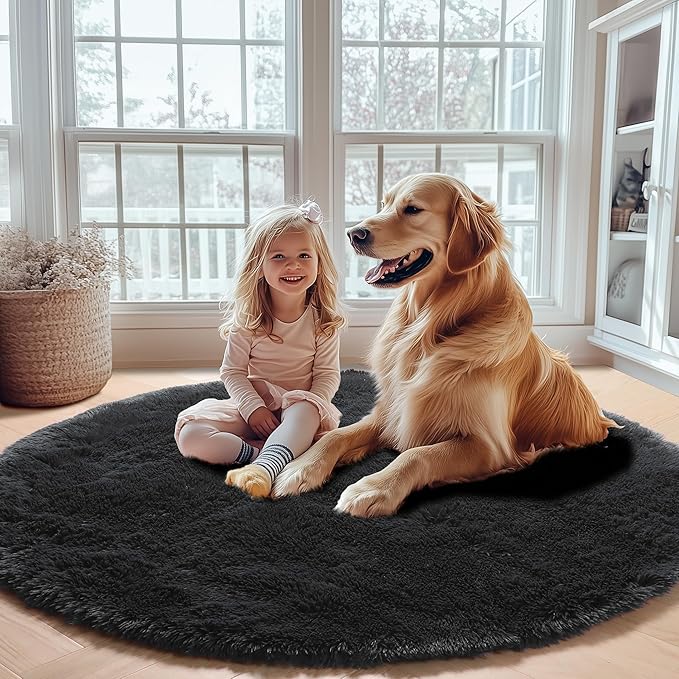ONASAR Black Round Area Rugs 5ft, Soft Bedroom Circle Rug Floor Mats for Kids Girls Boys Teen Room, Fluffy Plush Shaggy Carpet for Baby Nursery Living Room Playroom Dorm Home Decor