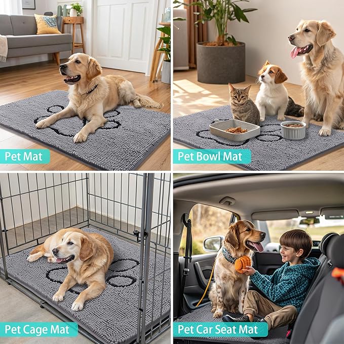 Smiry Dog Door Mat for Muddy Paws, Absorbent Dirt Trapper Non Slip Quick Dry Washable Chenille Mat for Mud Dogs, Entry Rug for Indoor and Outdoor (48x30 Inches, Grey and Black)