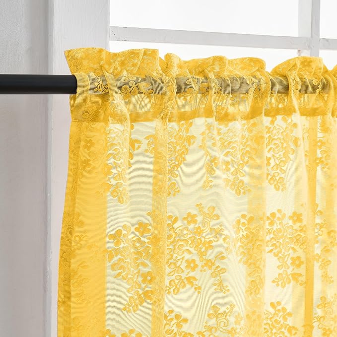 YJ YANJUN Vintage Lace Curtains Short - Mustard Yellow Floral Boho Cafe Curtains 30 Inch Length Sheer Coffee Cabinet Curtain Panels for Kitchen Bathroom Basement Retro Fall Decor Gold W26xL30 Inch