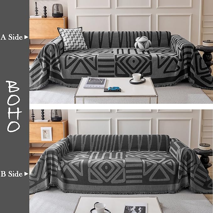 HANDONTIME Boho Geometric Couch Covers for Sofa Pet Friendly Dark Grey and Black Sofa Covers Washable Chenille Couch Blanket Cover for 2 Cushion Couches Pet Protector Furniture Cover Soft, 71" X 102"