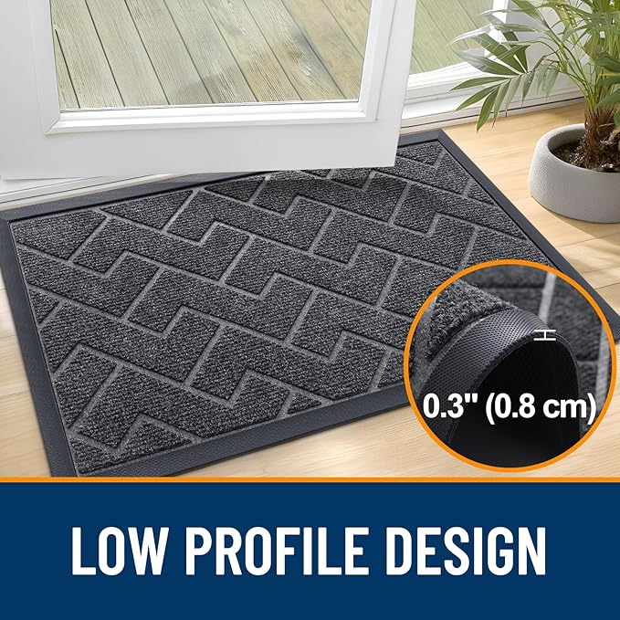 OLANLY Front Door Mat Indoor Outdoor Entrance, Waterproof All-Season, All-Weather Doormat, Sturdy Natural Rubber, Low Profile, Easy Clean Patio Porch Entryway Mat, Herringbone Brick (Grey, 29.5x17)