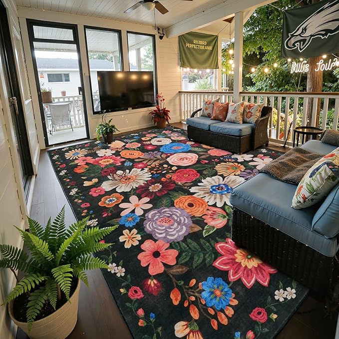 Washable Area Rug 8x10 Black/Brown, Large Soft Rugs for Living Room Floral Carpet 8x10 Area Rugs for Bedroom Dining Room Non-Slip Stain Resistant Under Table Rug (8 x 10, Black/Brown