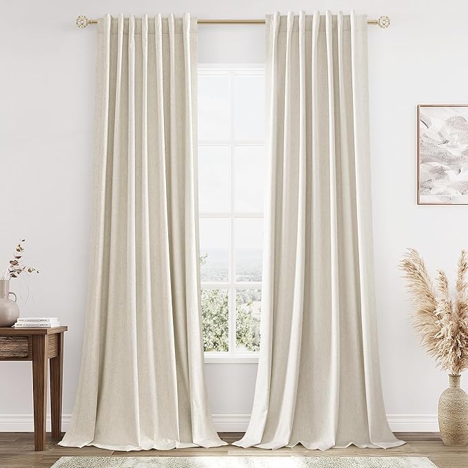 Guken 100% Blackout Linen Curtains 102 Inch Length 2 Panels Set for Living Room Bedroom Back Tab Thermal Insulated Black Out Drapes Room Darkening Room Darkening Farmhosue Window Curtains, 52x102
