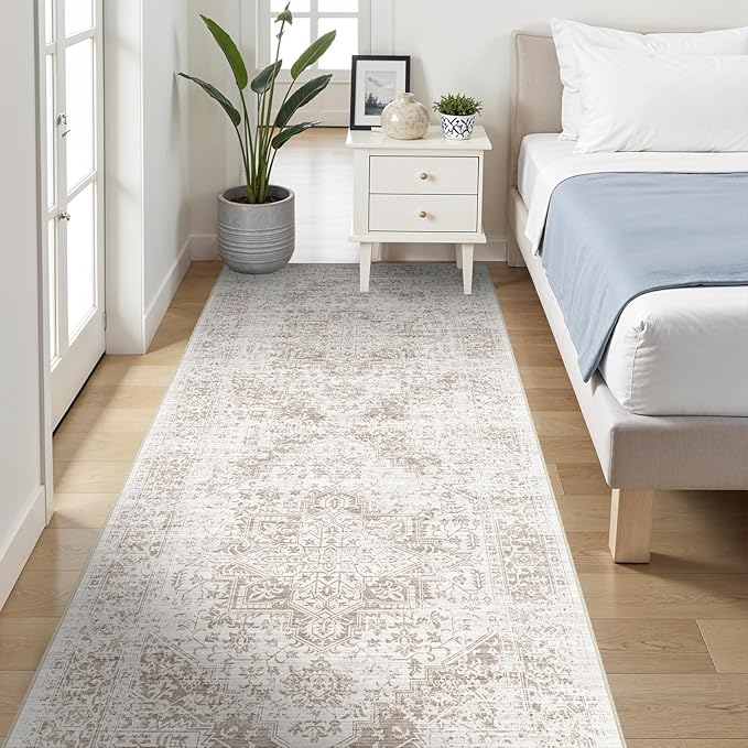 4x8 Washable Hallway Runner Rug - Wide Kitchen Runners Vintage Low Pile Carpet Soft Thin Floor Runner with Rubber Backing for Entryway Bedroom Living Room Home Decor (Cream/Camel)