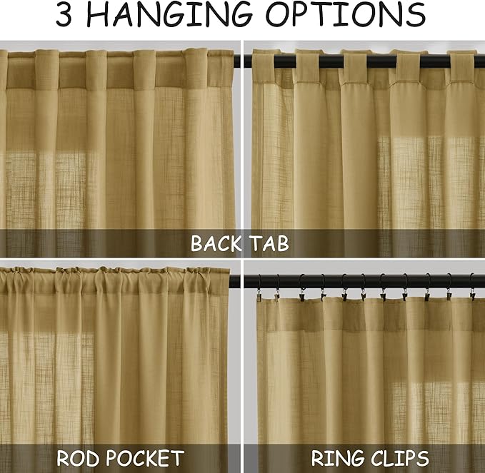 Nanspring Gold Linen Curtains 84 Inch Length 2 Panels Set for Living Room Rod Pocket Back Tab Light Filtering Window Drapes for Bedroom Dining Room Protect Privacy Modern Farmhouse Decor 52x84