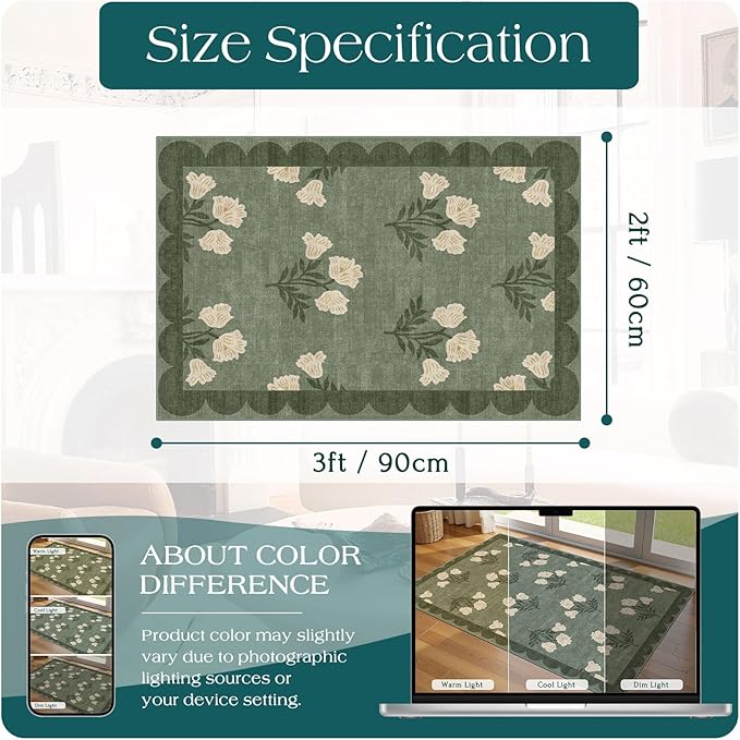 Front Door Mat Outside Entrance - 2x3 Floral Non-Slip Washable Doormat Indoor Outdoor Door Mat Spring Sage Green Floral Entry Rug Small Throw Rugs for Entryway Kitchen Front Porch Decor
