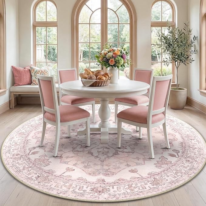 Area Rugs 7ft Washable Non-Slip, Floral Vintage Distress Print Pattern Medallion Carpet for Living Room Bedroom Dining Room, Pink Greypink Cute