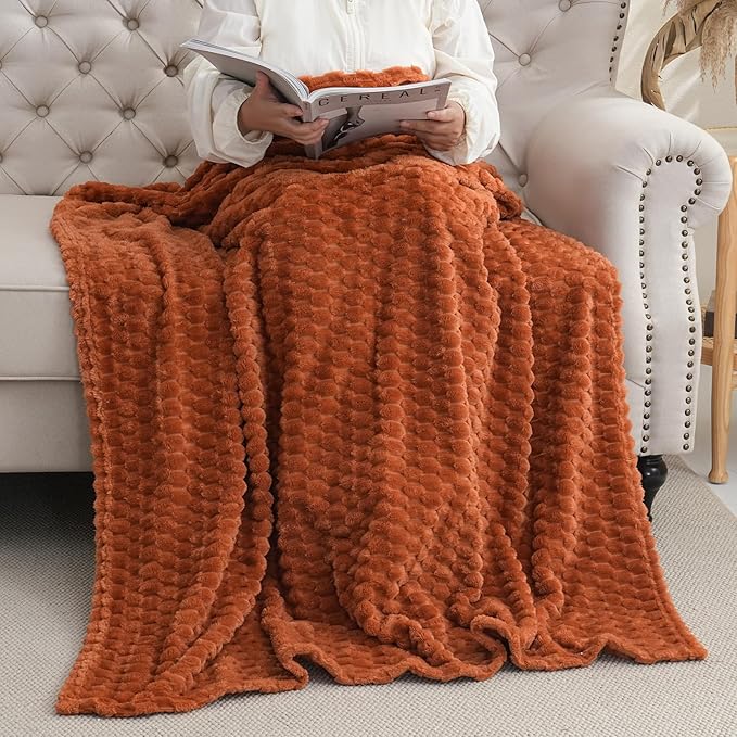 Puncuntex Burnt Orange Throw Blanket 90"×90" inches Fuzzy 3D Jacquard Decorative Flannel Fleece Super Soft Plush Cozy Blanket for Couch Sofa Chair Lightweight