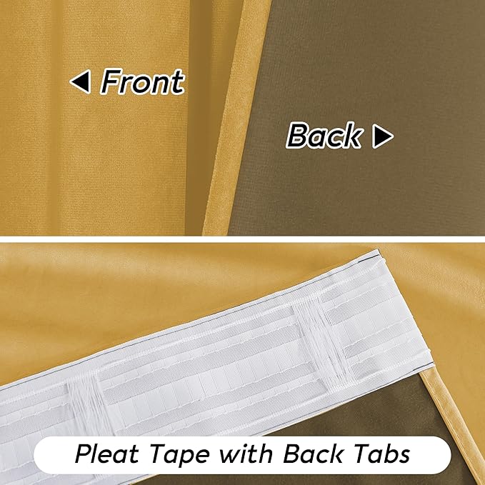RYB HOME Mustard Yellow Velvet Curtains 96 inches, Back Tab Soft Fabric Room Darkening Thermal Insulated Luxurious Home Decor Curtains for Living Room Bedroom, W 52" x L 96", 2 Panels Set