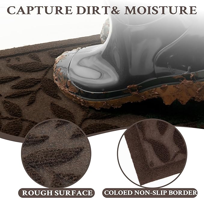 Coffee Brown Leaves Outdoor Indoor Entrance Doormats, Absorbent Durable Heavy Duty Welcome Front Door Mat,Thick Natural Rubber Back,Easy Clean Entryway Mat 23x35 Inch, Low Profile