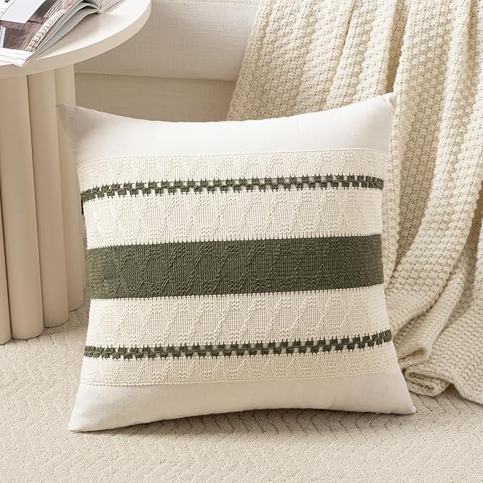 Fancy Homi Set of 1 Boho Olive Green Decorative Throw Pillow Cover 20x20 Inch for Couch Bed Sofa, Aesthetic Modern Organic Farmhouse Home Decor, Soft Cotton Cute Accent Macrame Woven Cushion Case