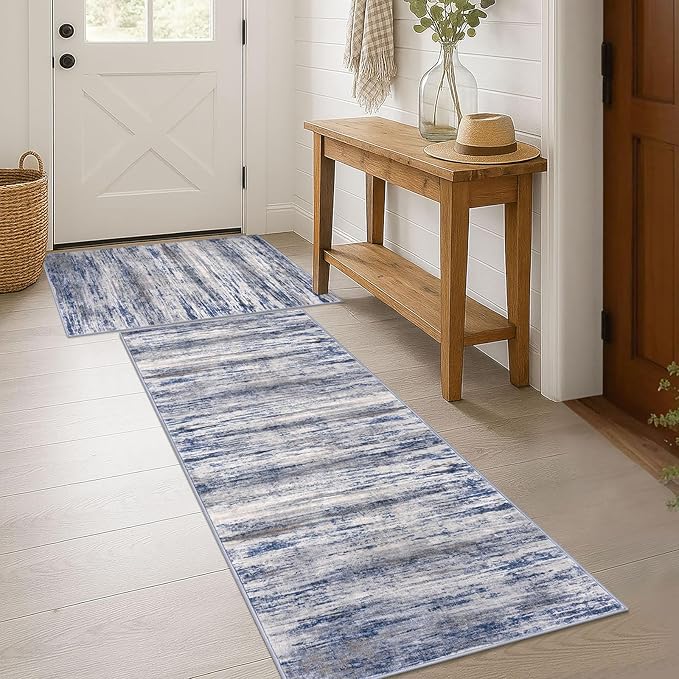 KOZYFLY Modern Abstract Area Rugs 2PCS 2x3 and 2x6 Blue-Grey Machine Washable Runner Rug Non-Slip Living Room Rug, Faux Wool Soft Low Pile Office Carpet for Hallway Entryway Bathroom Bedroom